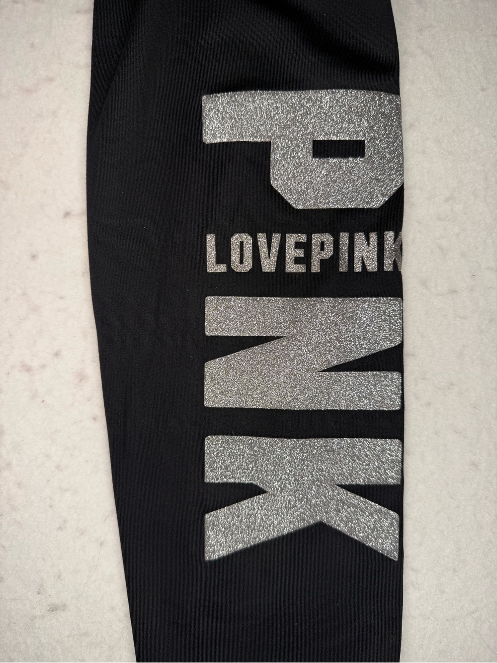 Victoria’s Secret LOVE PINK Yoga 7/8 Black Leggings Sparkly Silver Letters Large - Picture 6 of 12